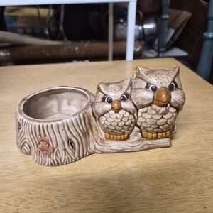 Vintage Ceramic Owl Duo Planter in Cream and Brown